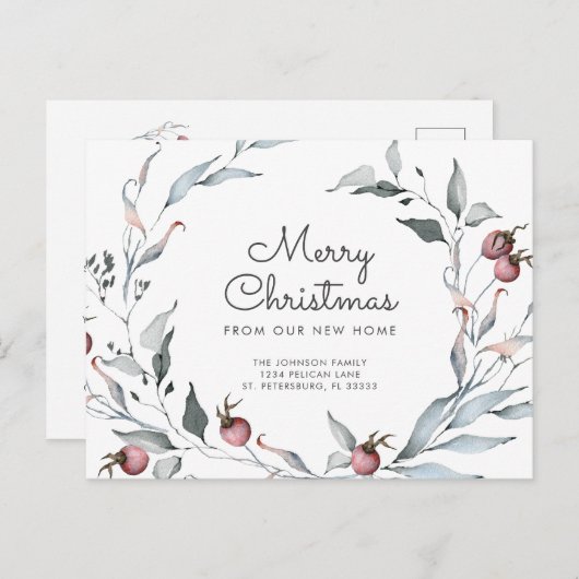 Winter Berries Greenery Holiday Wreatnew Address Aankondigingskaart (Voorkant / Achterkant)