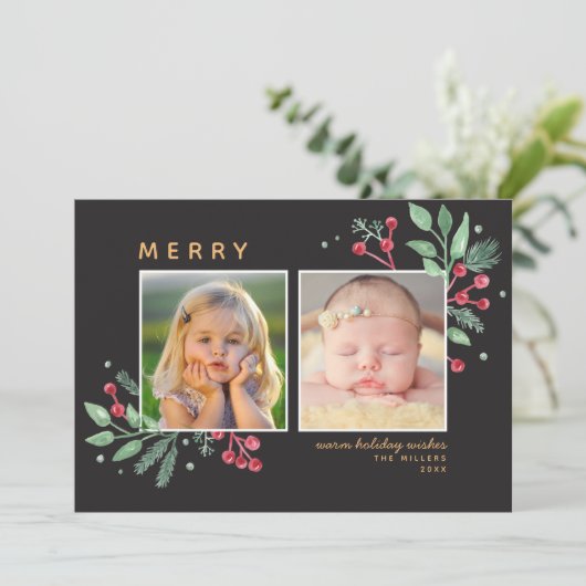 Winter Berries Greenery Merry Kerstmis 2-foto (Staand voorkant)