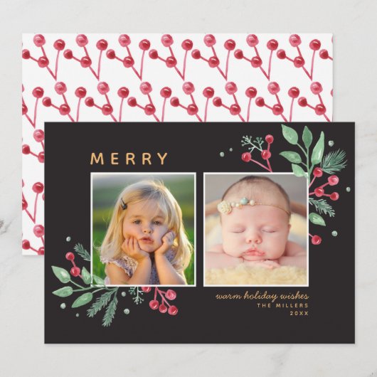 Winter Berries Greenery Merry Kerstmis 2-foto (Voorkant / Achterkant)