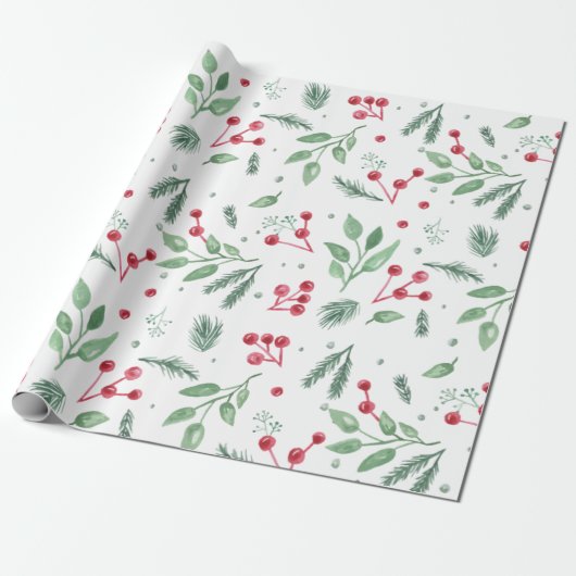 Winter Berries Greenery Waterverf Holiday Cadeaupapier (Uitgerold)