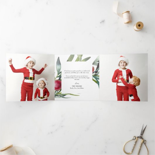 Winter Berries Holly Kerstdrivoud fotokaart Drieluik Wenskaart (Binnen)