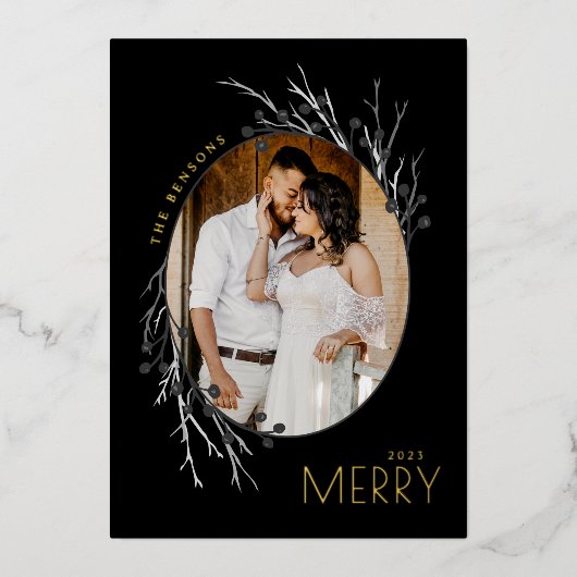 Winter Berries Merry Branches Grey Black Real Folie Feestdagenkaart (Voorkant)