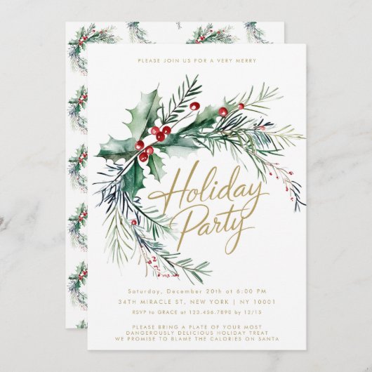 Winter Berries Modern Script Holiday Party Kaart (Voorkant / Achterkant)