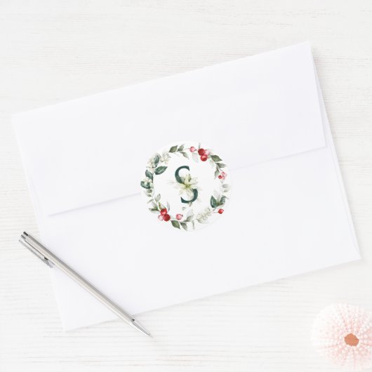 Winter Berries Monogram S kleine ronde etiketten (Envelop)