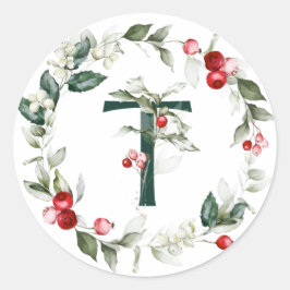 Winter Berries Monogram T kleine ronde etiketten
