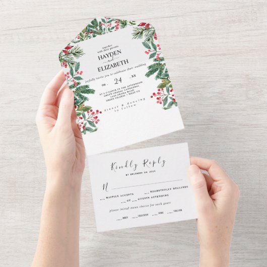 Winter Berries Pine Cone Greenery Wedding All In One Uitnodiging (Afscheurbaar)