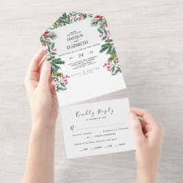 Winter Berries Pine Cone Greenery Wedding All In One Uitnodiging