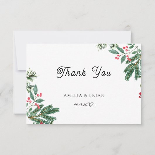 Winter Berries Pine Cone Greenery Wedding Bedankkaart (Voorkant)