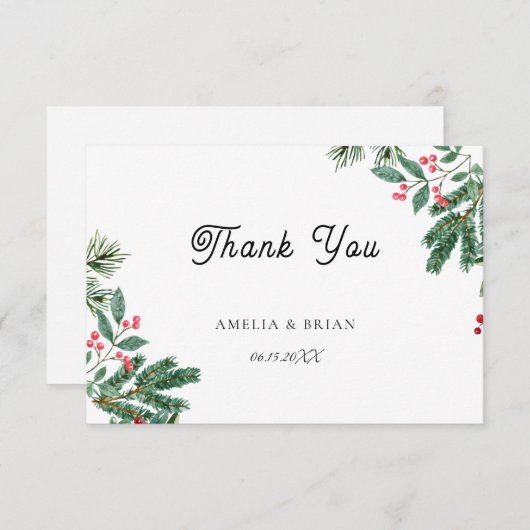 Winter Berries Pine Cone Greenery Wedding Bedankkaart (Voorkant / Achterkant)