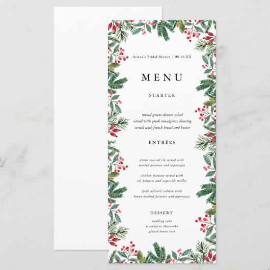 Winter Berries Pine Cone Greenery Wedding Menu (Voorkant / Achterkant)