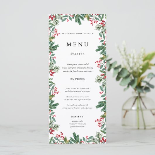 Winter Berries Pine Cone Greenery Wedding Menu (Staand voorkant)