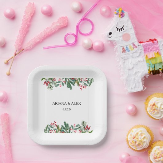 Winter Berries Pine Cone Greenery Wedding Papieren Bordje (Feest)