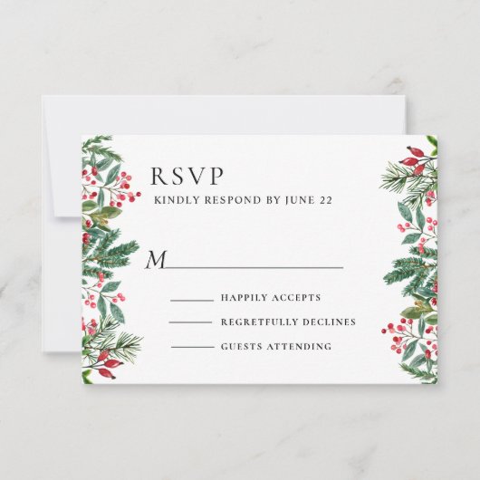 Winter Berries Pine Cone Greenery Wedding RSVP Kaartje (Voorkant)
