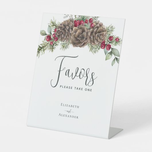 Winter Berries Pine Cone rustieke bruiloft gunsten Reclamebord Met Voetstuk (Voorkant)