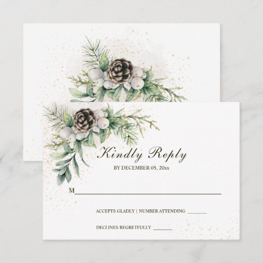 Winter Berries Pine Greenery Wedding RSVP Kaartje (Voorkant / Achterkant)