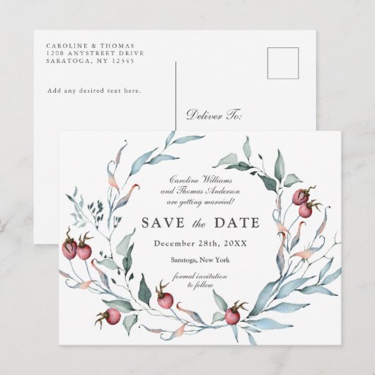 Winter Berries Waterverf Botanical Save the Date Briefkaart (Voorkant / Achterkant)