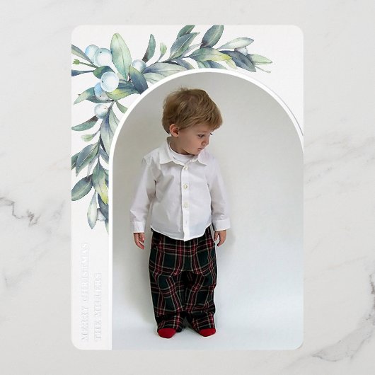 Winter Berries Wit Gebogen Foto Folie Feestdagenkaart (Voorkant)