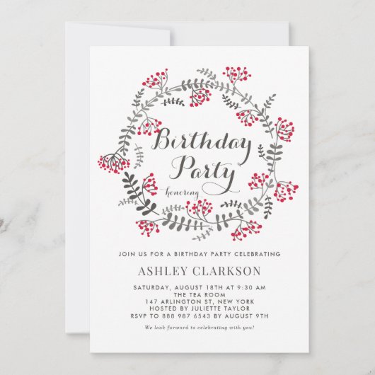 Winter Berries Wreath Birthday Party Invitation Kaart (Voorkant)