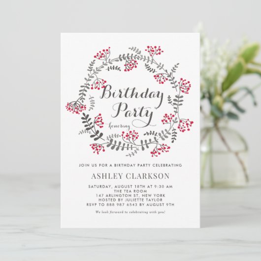 Winter Berries Wreath Birthday Party Invitation Kaart (Staand voorkant)