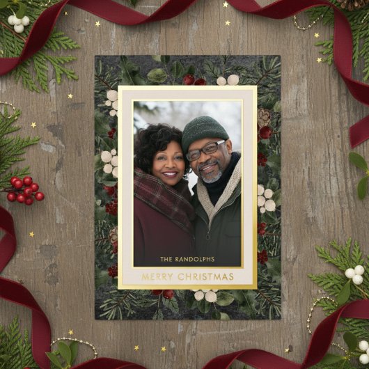 Winter Berries Zwart Vrolijk Kerstfoto Folie Feestdagenkaart