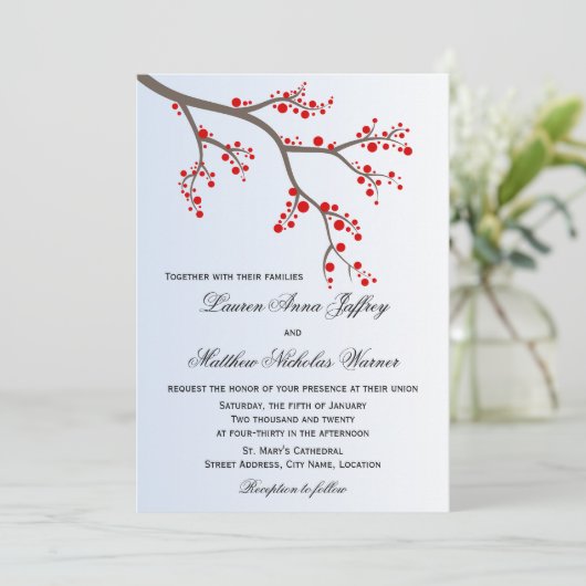 Winter Berry Branch Wedding Kaart (Staand voorkant)