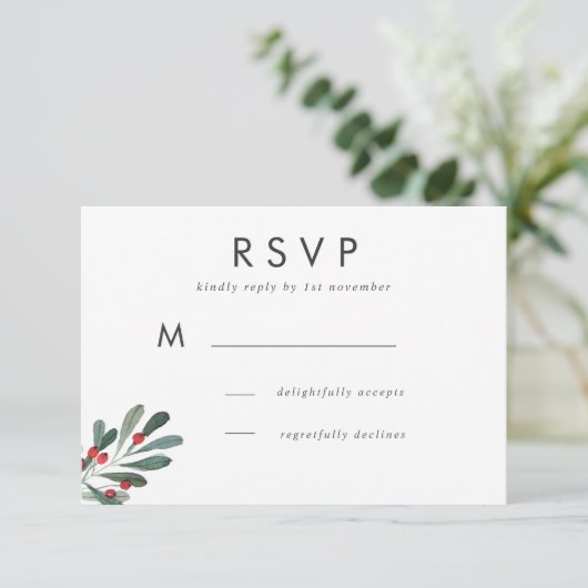 Winter Berry en Leaves Wedding Response RSVP Kaartje (Staand voorkant)