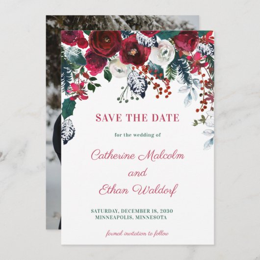 Winter Berry Floral foto's maken de datumkaart op Save The Date (Voorkant / Achterkant)