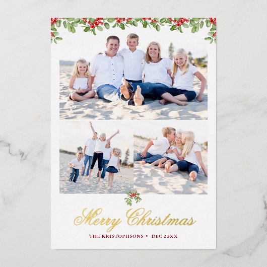 Winter Berry Garland 3 Foto Kerstgroet Folie Feestdagenkaart (Voorkant)