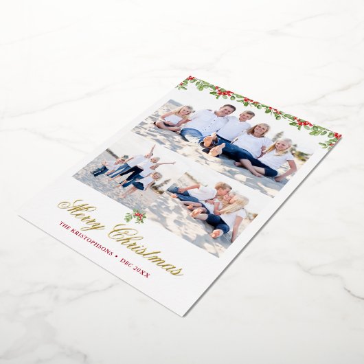 Winter Berry Garland 3 Foto Kerstgroet Folie Feestdagenkaart (Gedraaid)