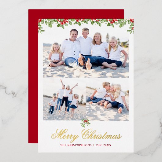 Winter Berry Garland 3 Foto Kerstgroet Folie Feestdagenkaart (Voorkant / Achterkant)