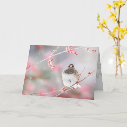 "Winter Berry Junco", 5" x 7" Vouwkaart Kaart (Gele Bloem)