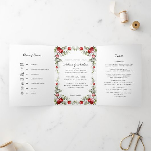 Winter Berry Kerstmis Bruiloft Tijdlijn Uitnodigin Drieluik Wenskaart (Binnen)