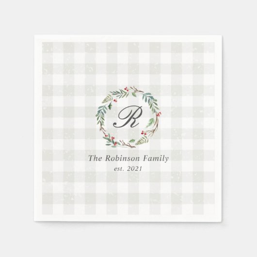 Winter Berry Krans Familienaam Initiaal Kerst Servet (Voorkant)