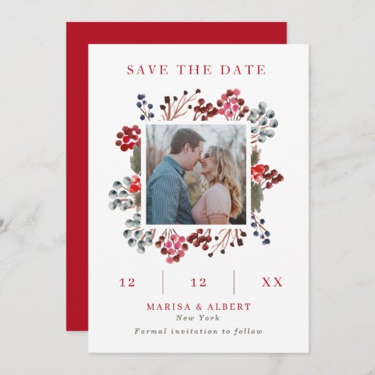 Winter Berry Lijst Wedding Photo Save the Date (Voorkant / Achterkant)