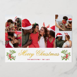 Winter Berry Red Green Christmas 5 Foto Groet Folie Feestdagenkaart