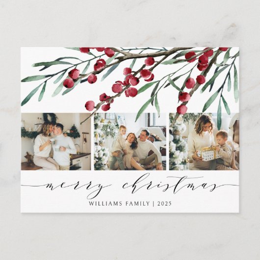 Winter Berry Script Kerst Drie Foto Feestdagenkaart (Voorkant)