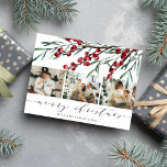 Winter Berry Script Kerst Drie Foto Feestdagenkaart<br><div class="desc">Groet uw vrienden en geliefden een vrolijk kerstfeest dit vakantieseizoen met dit moderne,  elegante briefkaart met waterverf winterbessen,  botanische bladstelen,  drie prachtige foto's van uw familie en een tekst die u kunt personaliseren. (Plaatsingsfoto van Elina Fairytale op Pexels. Vervang het vriendelijk door uw eigen.)</div>