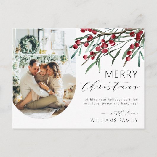 Winter Berry Script Kerst een foto boog Feestdagenkaart (Voorkant)