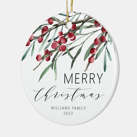 Winter Berry Script Vrolijke Kerstvakantie Keramisch Ornament (Links)