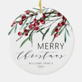 Winter Berry Script Vrolijke Kerstvakantie Keramisch Ornament (Achterkant)