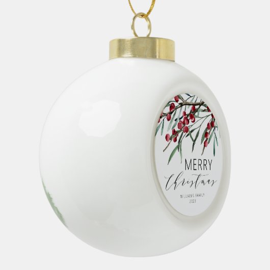 Winter Berry Script Vrolijke Kerstvakantie Keramische Bal Ornament (Links)