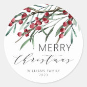 Winter Berry Script Vrolijke Kerstvakantie Ronde Sticker (Voorkant)