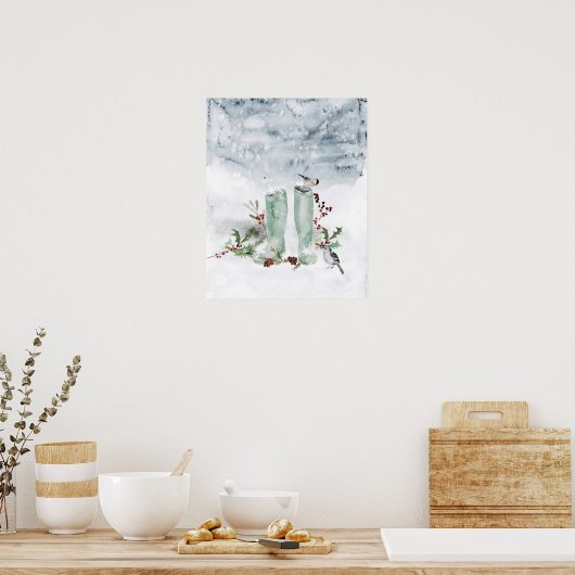 Winter Berry, vogels en sneeuw Poster (Keuken)