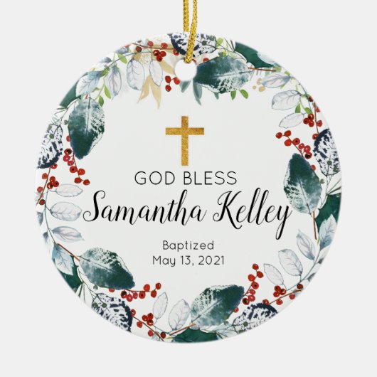 Winter Berry Wreath Personalized Girl Baptism Keramisch Ornament (Voorkant)