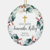 Winter Berry Wreath Personalized Girl Baptism Keramisch Ornament (Links)