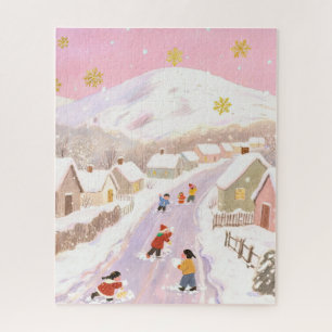 Winter besneeuwd dorp, kinderen spelend, roze tint legpuzzel