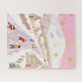 Winter besneeuwd dorp, kinderen spelend, roze tint legpuzzel (Horizontaal)