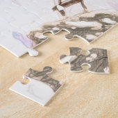 Winter besneeuwd dorp, kinderen spelend, roze tint legpuzzel (Zijkant)