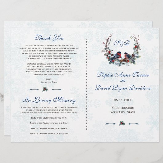 Winter bessen Bullfinch krans bruiloft programma (Voorkant / Achterkant)