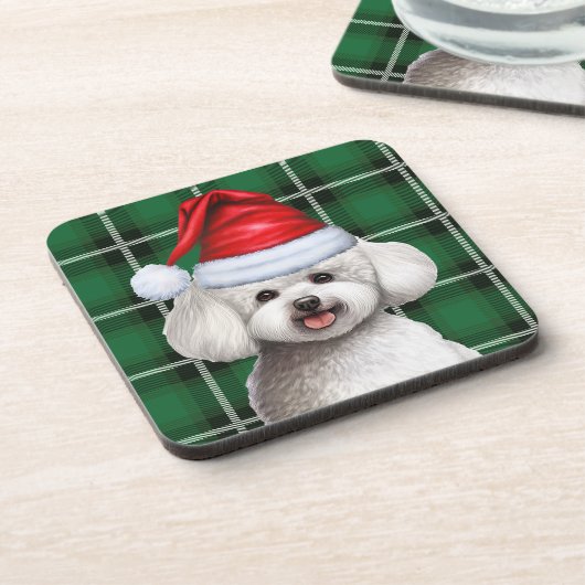 Winter Bichon Frise Hond Vakantie Groen Plaid Bier Onderzetter (Linkerzijde)